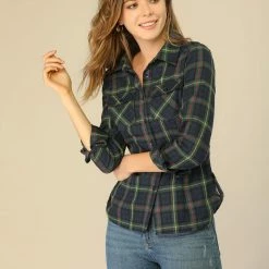 Allegra K Women's Casual Long Sleeve Cotton Button Down Plaid Shirt
