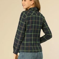 Allegra K Women's Casual Long Sleeve Cotton Button Down Plaid Shirt