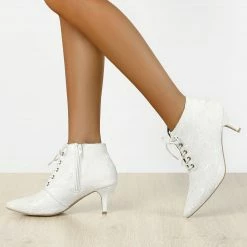 Allegra K Women's Pointed Toe Lace Up Stiletto Kitten Heel Lace Booties