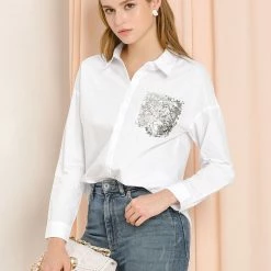 Allegra K Women's Sequins Pocket Long Sleeve Button Up Work Casual Shirt