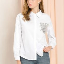 Allegra K Women's Sequins Pocket Long Sleeve Button Up Work Casual Shirt