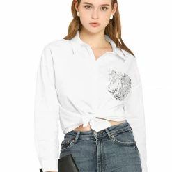Allegra K Women's Sequins Pocket Long Sleeve Button Up Work Casual Shirt