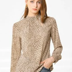 Allegra K Women's Ruffle Mock Neck Print Blouse Button Keyhole Long Sleeves Tops