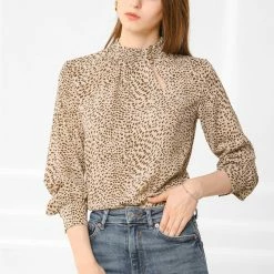 Allegra K Women's Ruffle Mock Neck Print Blouse Button Keyhole Long Sleeves Tops