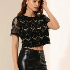 Allegra K Women's Sequin Shiny Glitter Crop Top Short Sleeves Tassel T-Shirt
