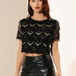 Allegra K Women's Sequin Shiny Glitter Crop Top Short Sleeves Tassel T-Shirt