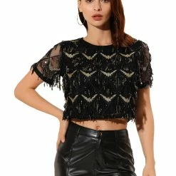 Allegra K Women's Sequin Shiny Glitter Crop Top Short Sleeves Tassel T-Shirt