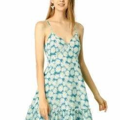 Allegra K Women's Spaghetti Straps V-Neck Sundress Sleeveless Floral Summer Dress