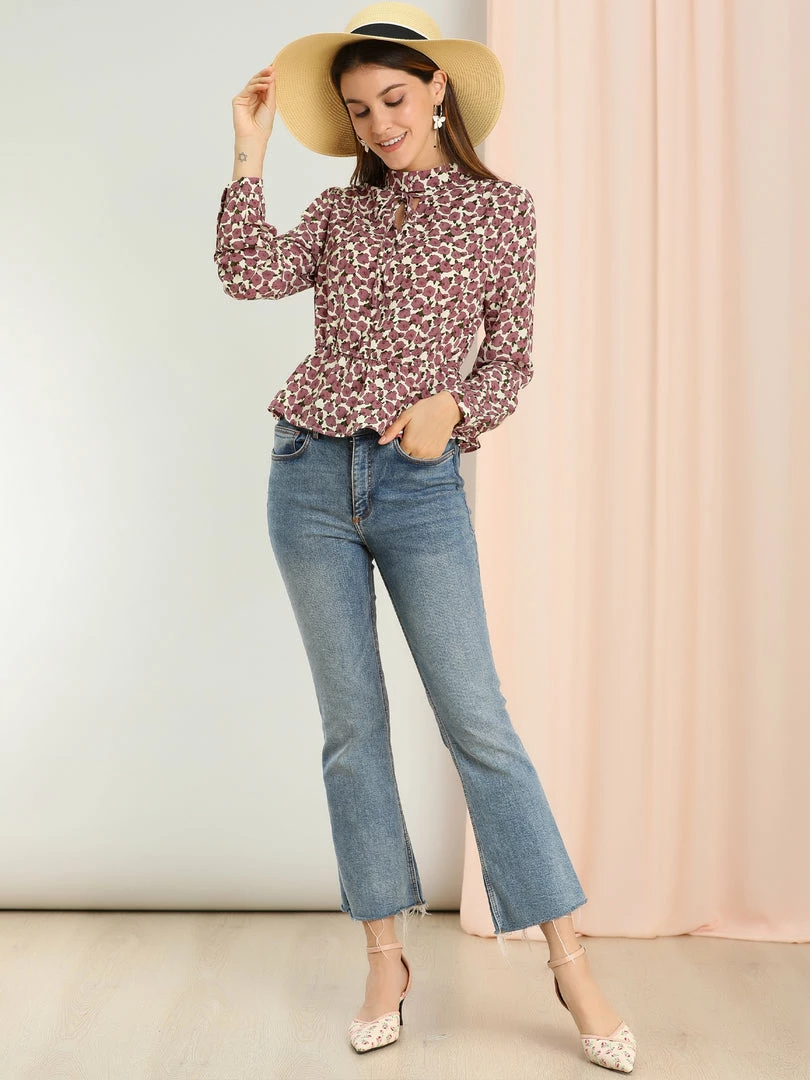 Allegra K Women's Vintage Blouse Keyhole Puff Sleeve Floral Peplum Top 6 Allegra K Women's Vintage Blouse Keyhole Puff Sleeve Floral Peplum Top