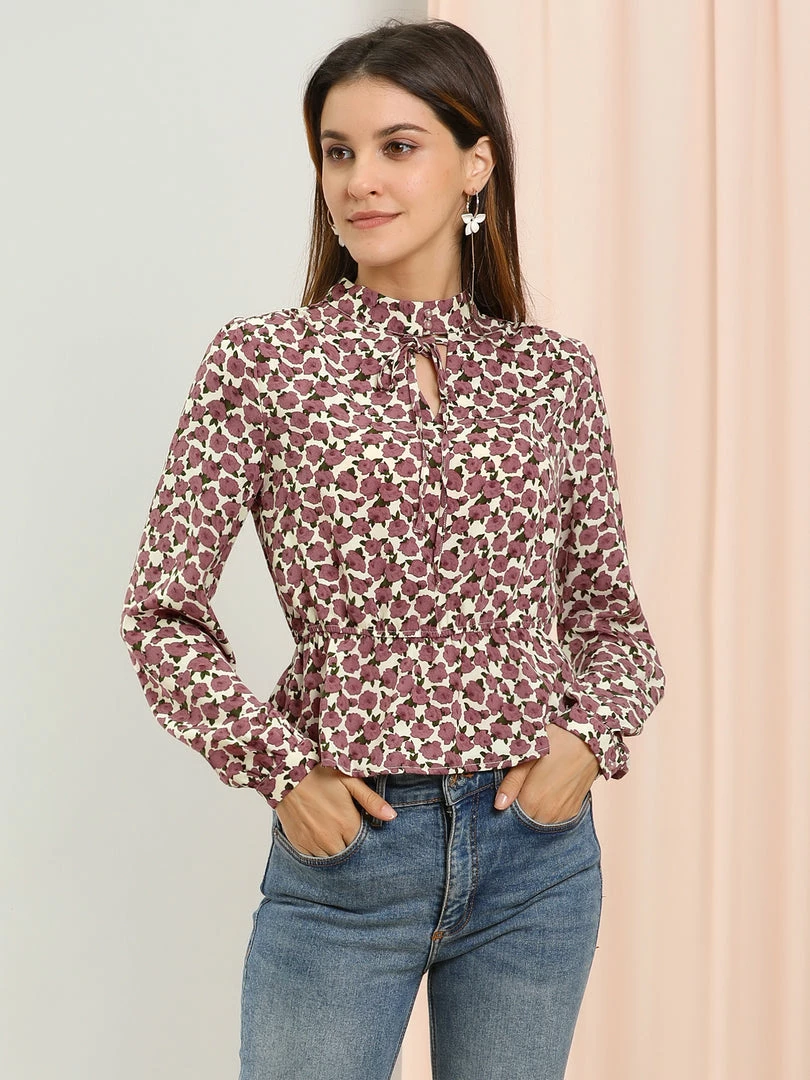 Allegra K Women's Vintage Blouse Keyhole Puff Sleeve Floral Peplum Top 7 Allegra K Women's Vintage Blouse Keyhole Puff Sleeve Floral Peplum Top