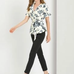 Allegra K Women's Wrap Peplum Top Blouse Tie Waist Short Sleeve Ruffle Floral V Neck Belted Shirts