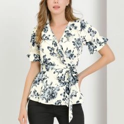 Allegra K Women's Wrap Peplum Top Blouse Tie Waist Short Sleeve Ruffle Floral V Neck Belted Shirts
