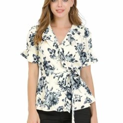 Allegra K Women's Wrap Peplum Top Blouse Tie Waist Short Sleeve Ruffle Floral V Neck Belted Shirts