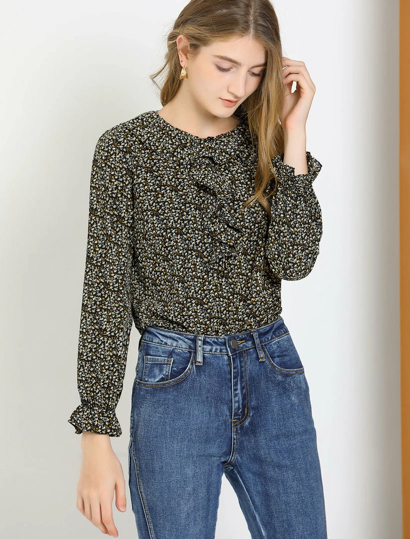 Allegra K Women's Ruffle Neck Long Puff Sleeve Ditsy Floral Shirt Blouse 6 Allegra K Women's Ruffle Neck Long Puff Sleeve Ditsy Floral Shirt Blouse