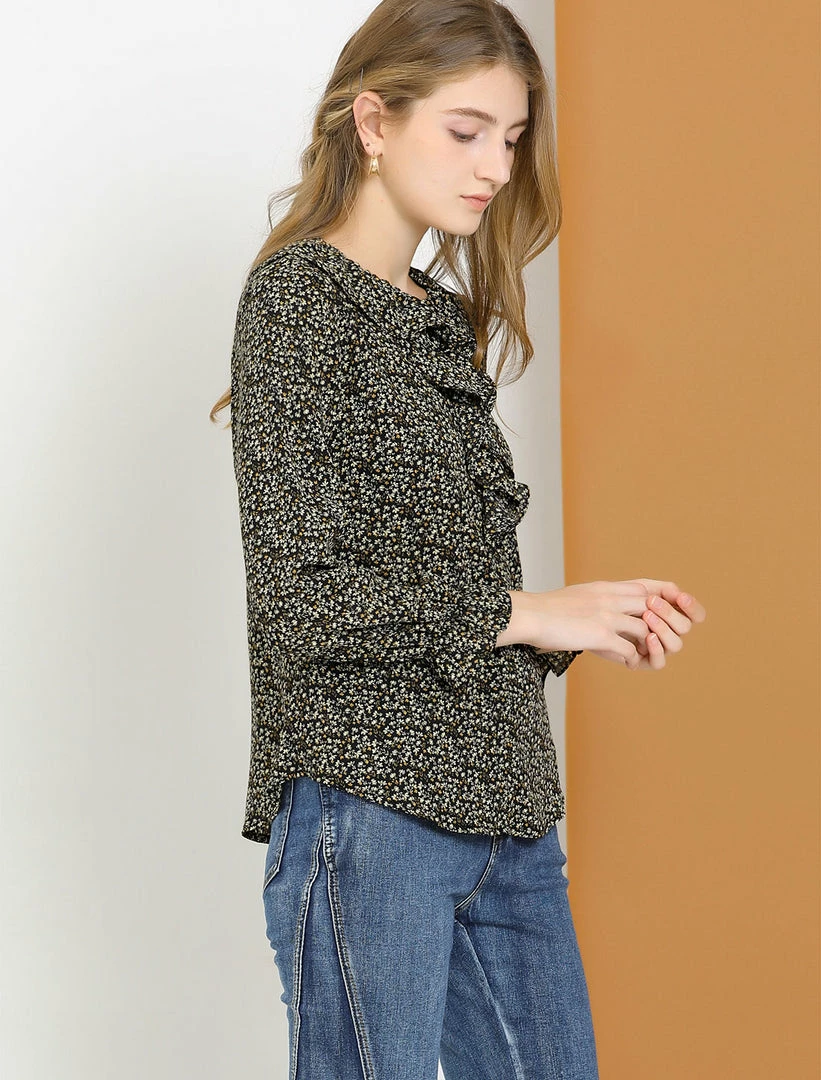 Allegra K Women's Ruffle Neck Long Puff Sleeve Ditsy Floral Shirt Blouse 7 Allegra K Women's Ruffle Neck Long Puff Sleeve Ditsy Floral Shirt Blouse