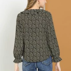 Allegra K Women's Ruffle Neck Long Puff Sleeve Ditsy Floral Shirt Blouse 14 Allegra K Women's Ruffle Neck Long Puff Sleeve Ditsy Floral Shirt Blouse