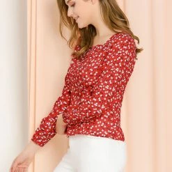 Allegra K Women's Square Neck Elegant Vintage Floral Long Sleeves Tops