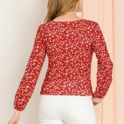 Allegra K Women's Square Neck Elegant Vintage Floral Long Sleeves Tops