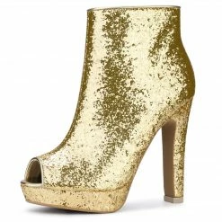 Allegra K Shoes Women's Glitter Platform Chunky Heeled Open Toe Heel Ankle Boots