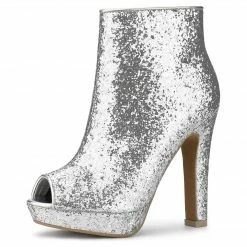 Allegra K Shoes Women's Glitter Platform Chunky Heeled Open Toe Heel Ankle Boots