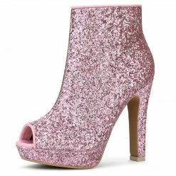 Allegra K Shoes Women's Glitter Platform Chunky Heeled Open Toe Heel Ankle Boots