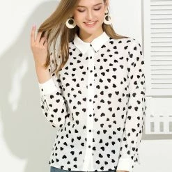 Allegra K Women's Casual Heart Print Button Up Long Sleeves Shirt Tops