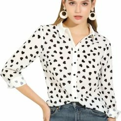 Allegra K Women's Casual Heart Print Button Up Long Sleeves Shirt Tops