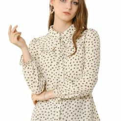 Allegra K Women's Heart Printed Point Collar Tie Bow Neck Button Down Shirt Blouse