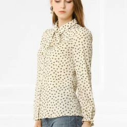 Allegra K Women's Heart Printed Point Collar Tie Bow Neck Button Down Shirt Blouse