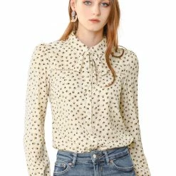 Allegra K Women's Heart Printed Point Collar Tie Bow Neck Button Down Shirt Blouse