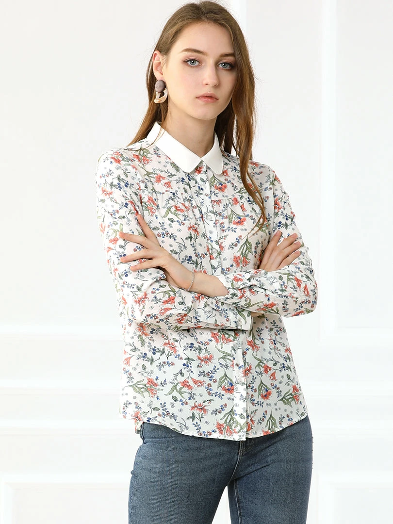 Allegra K Women's Floral Printed Button Down Shirt Contrast Collar Full Placket Long Sleeve Work Top Blouse 11 Allegra K Women's Floral Printed Button Down Shirt Contrast Collar Full Placket Long Sleeve Work Top Blouse