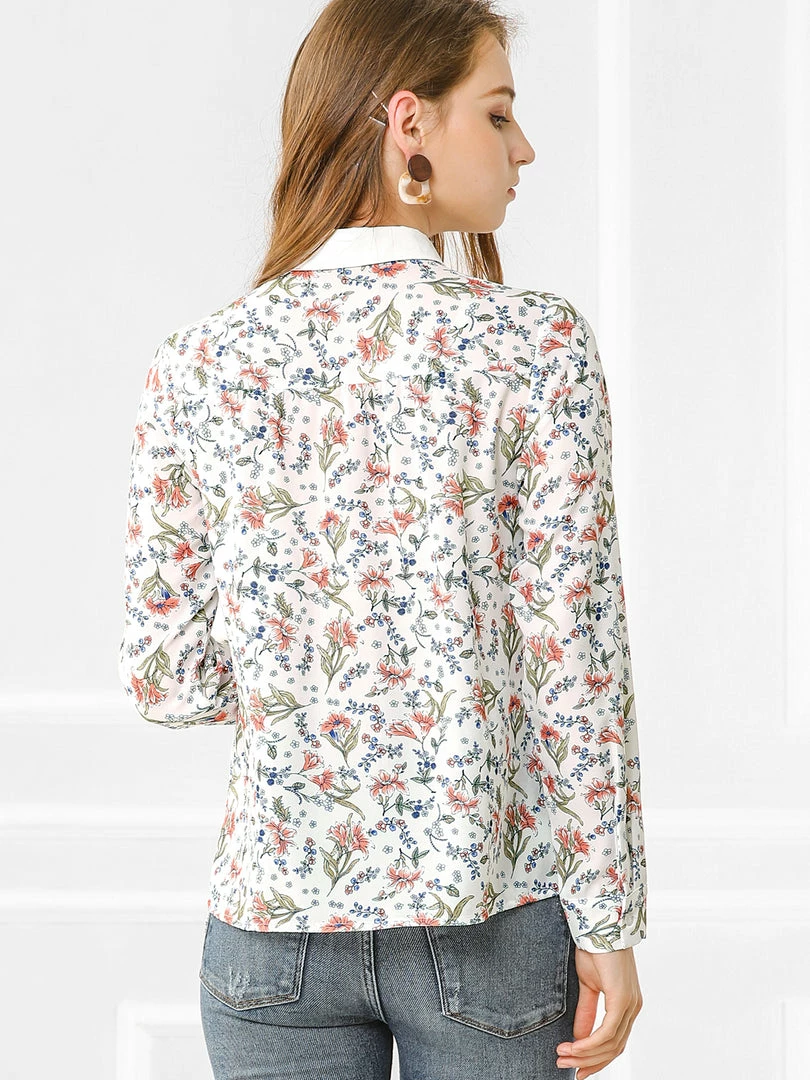 Allegra K Women's Floral Printed Button Down Shirt Contrast Collar Full Placket Long Sleeve Work Top Blouse 14 Allegra K Women's Floral Printed Button Down Shirt Contrast Collar Full Placket Long Sleeve Work Top Blouse