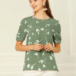 Allegra K Women's Floral Blouse Crew Neck Summer Casual Shirred Short Sleeve Top 60 Allegra K Women's Floral Blouse Crew Neck Summer Casual Shirred Short Sleeve Top