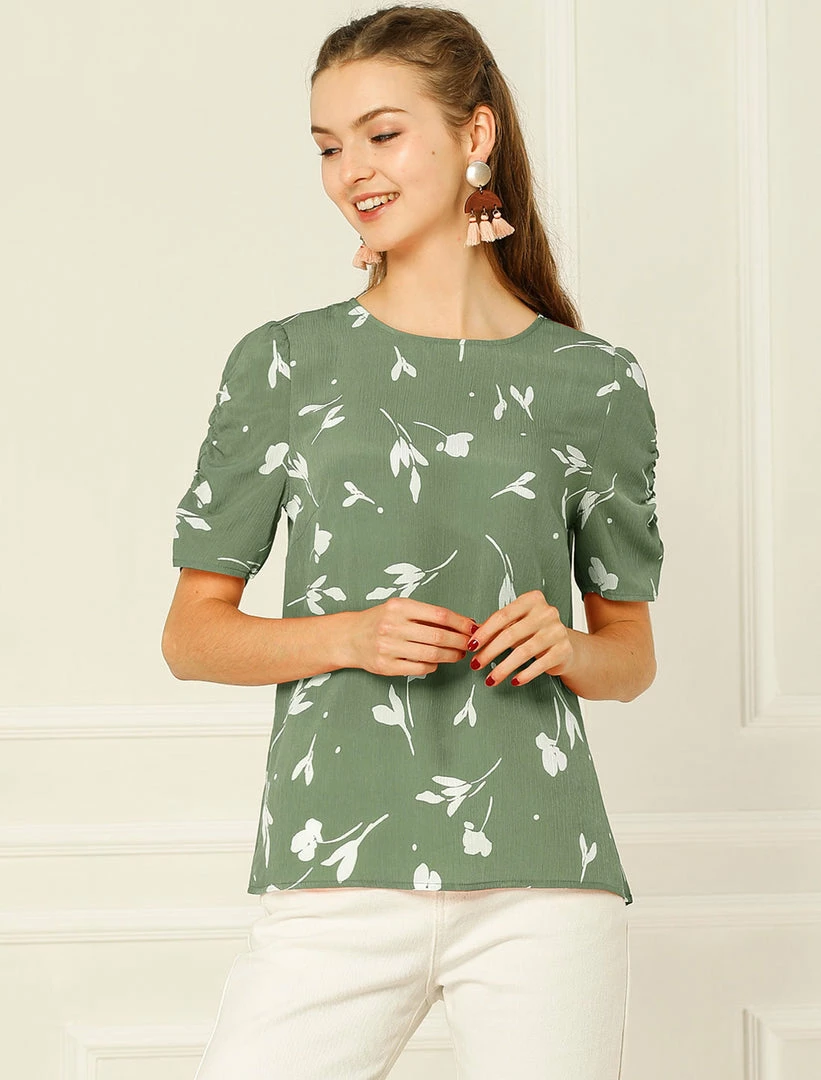 Allegra K Women's Floral Blouse Crew Neck Summer Casual Shirred Short Sleeve Top 24 Allegra K Women's Floral Blouse Crew Neck Summer Casual Shirred Short Sleeve Top