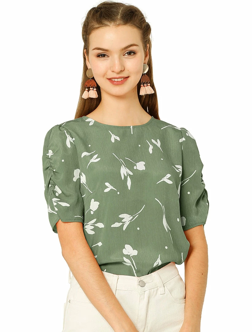 Allegra K Women's Floral Blouse Crew Neck Summer Casual Shirred Short Sleeve Top 22 Allegra K Women's Floral Blouse Crew Neck Summer Casual Shirred Short Sleeve Top
