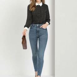 Allegra K Women's Dots Printed Point Collar Button Down Shirt Blouse