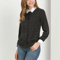 Allegra K Women's Dots Printed Point Collar Button Down Shirt Blouse