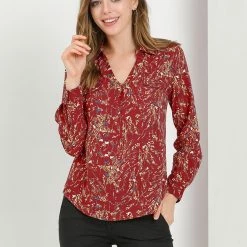 Allegra K Women's Pleated V-neck Long Sleeve Floral Faux Pocket Shirt Blouse