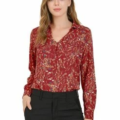 Allegra K Women's Pleated V-neck Long Sleeve Floral Faux Pocket Shirt Blouse