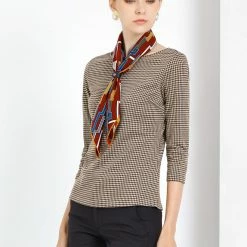 Allegra K Women's Work Office 3/4 Sleeve Boat Neck Houndstooth Top Blouse