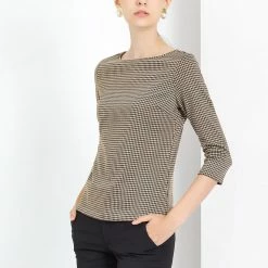 Allegra K Women's Work Office 3/4 Sleeve Boat Neck Houndstooth Top Blouse