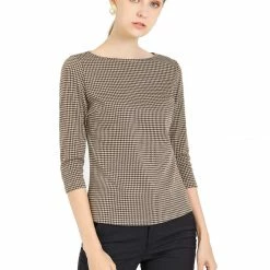 Allegra K Women's Work Office 3/4 Sleeve Boat Neck Houndstooth Top Blouse