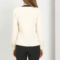 Allegra K Women's Elegant Ruffled Contrast Blouse Work Button Down Shirts