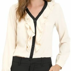 Allegra K Women's Elegant Ruffled Contrast Blouse Work Button Down Shirts
