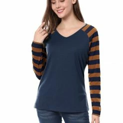 Allegra K Striped Long Raglan Sleeves V Neck Tee Shirt 58 Allegra K Striped Long Raglan Sleeves V Neck Tee Shirt