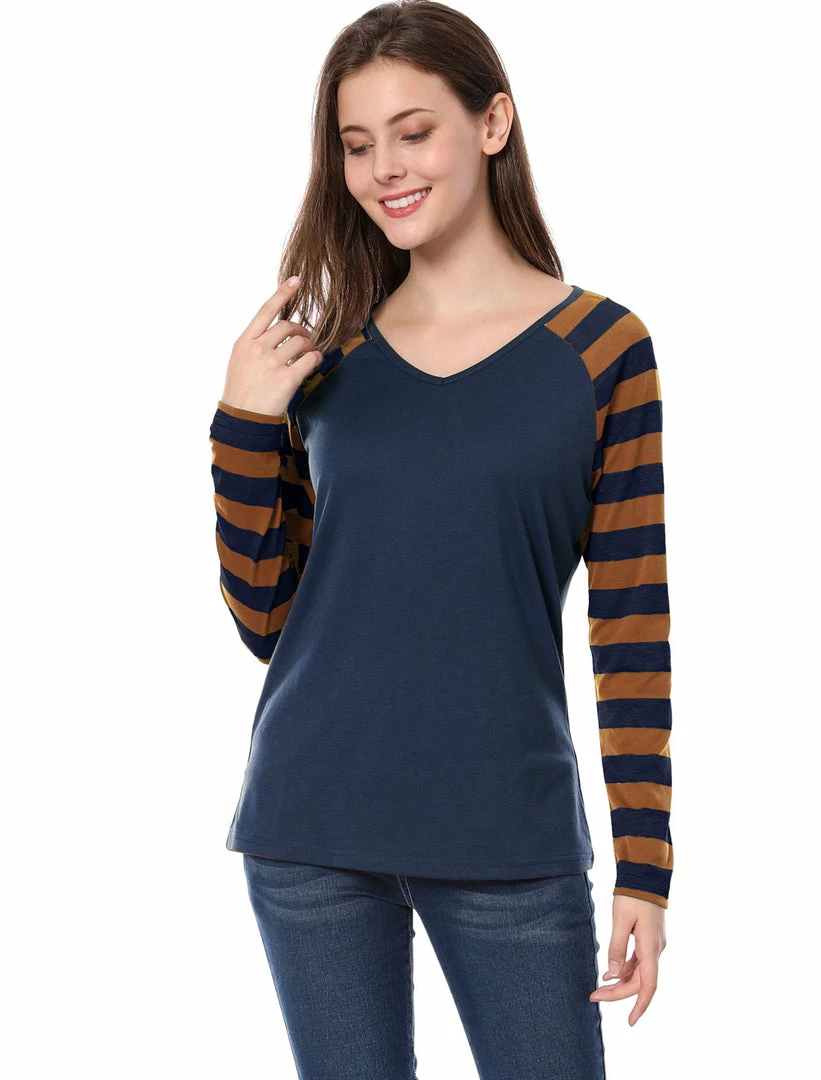 Allegra K Striped Long Raglan Sleeves V Neck Tee Shirt 13 Allegra K Striped Long Raglan Sleeves V Neck Tee Shirt