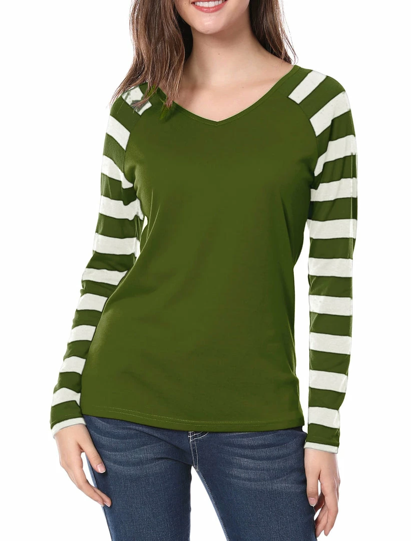 Allegra K Striped Long Raglan Sleeves V Neck Tee Shirt 5 Allegra K Striped Long Raglan Sleeves V Neck Tee Shirt