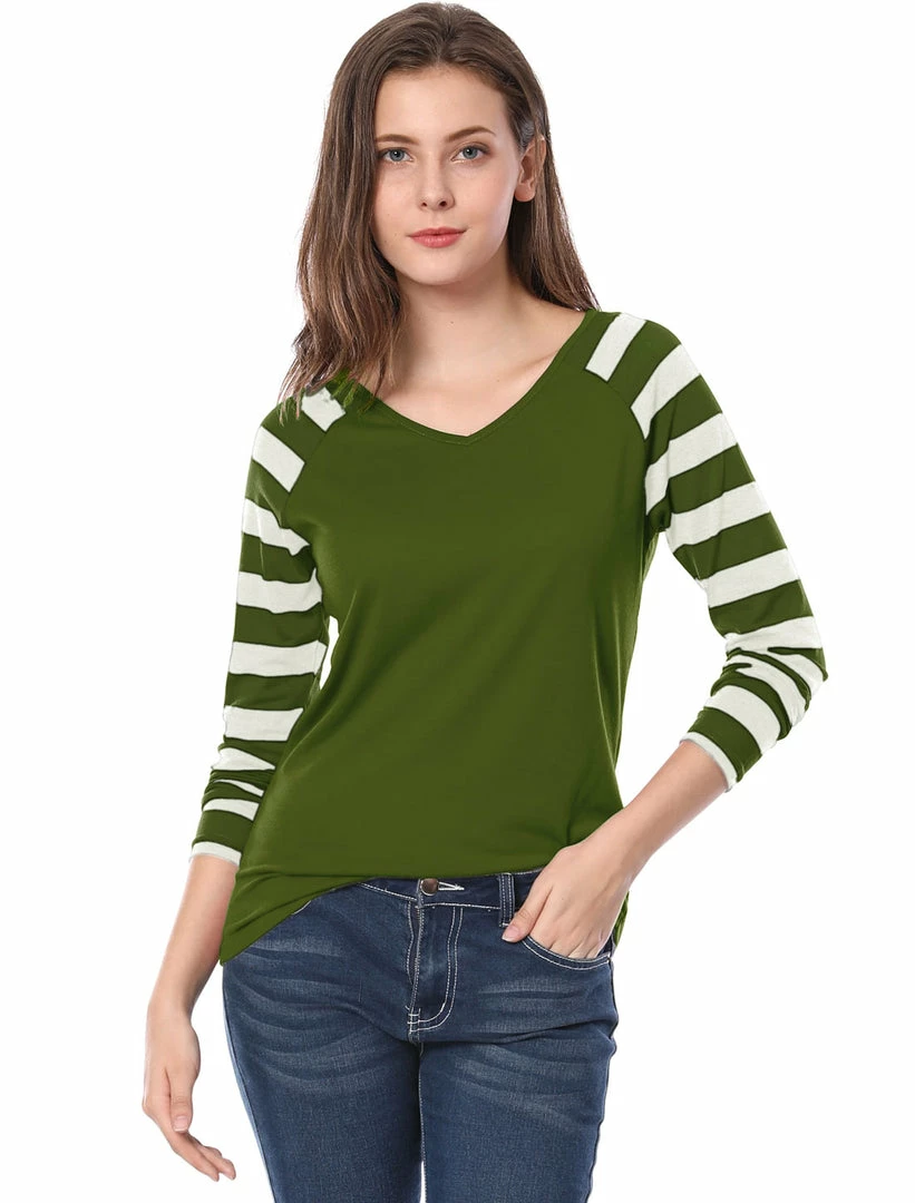 Allegra K Striped Long Raglan Sleeves V Neck Tee Shirt 6 Allegra K Striped Long Raglan Sleeves V Neck Tee Shirt