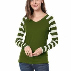 Allegra K Striped Long Raglan Sleeves V Neck Tee Shirt 52 Allegra K Striped Long Raglan Sleeves V Neck Tee Shirt