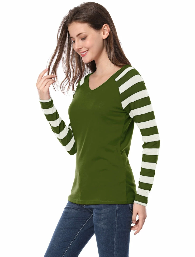 Allegra K Striped Long Raglan Sleeves V Neck Tee Shirt 8 Allegra K Striped Long Raglan Sleeves V Neck Tee Shirt